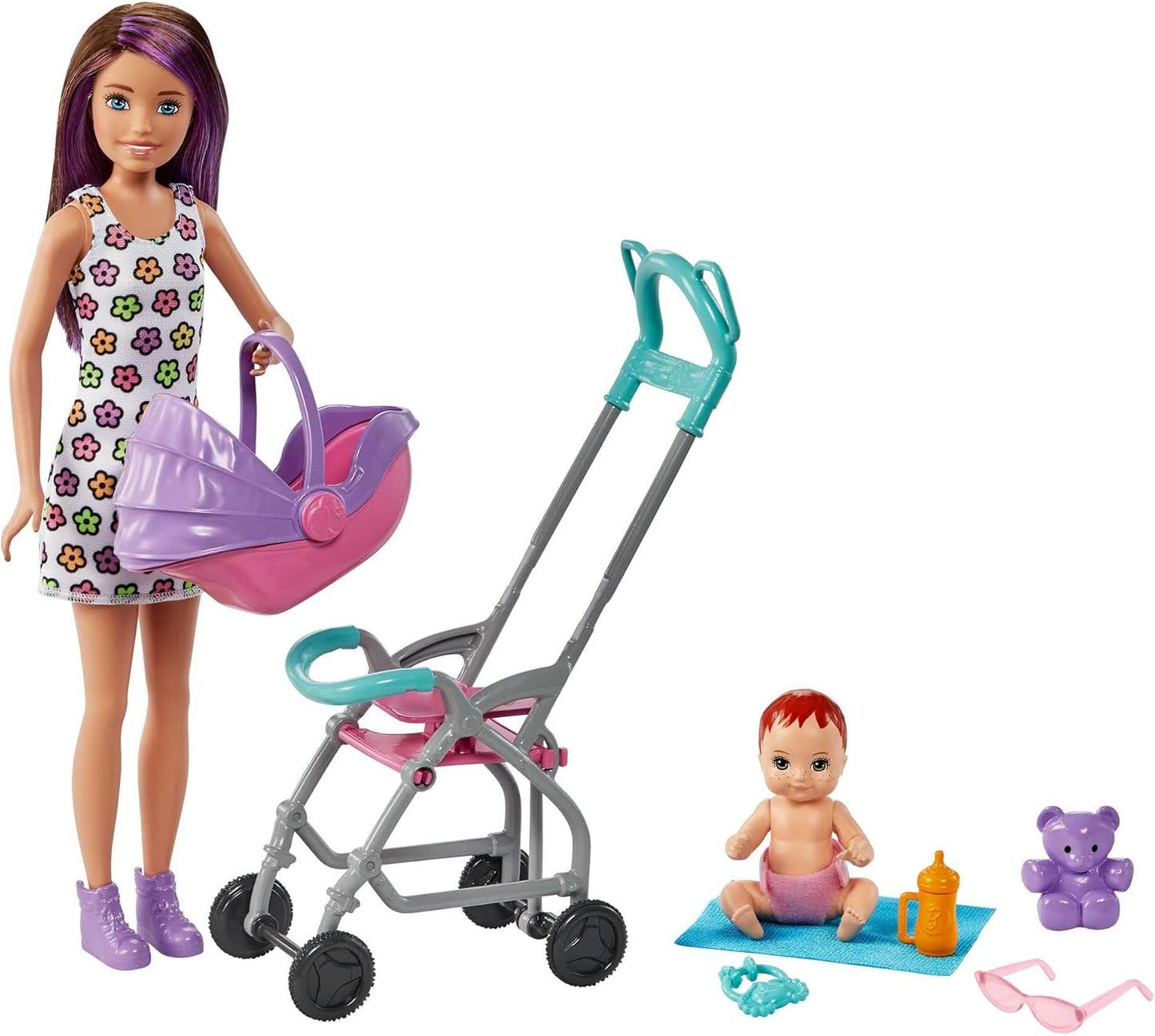 Barbie Skipper Babysitters Inc. Conjunto com boneca Skipper Babysitter (morena), carrinho, boneca e 5 acessórios, brinquedo para crianças de 3 anos ou mais, GXT34