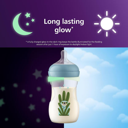Philips Mamadeira Avent Natural Response para a noite - 260 ml, com bico de fluxo médio (fluxo 3), inclui anel que brilha no escuro, estampa de bicho-preguiça, SCY903/81