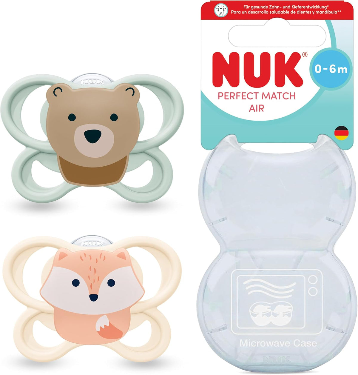 NUK Chupetas Perfect Match Air | 0-6 Meses | Chupetas Ortodônticas que Promovem a Circulação de Ar e Previnem Irritações pela Saliva | 95% de Aceitação pelos Bebês** | Urso e Raposa | 2 Unidades