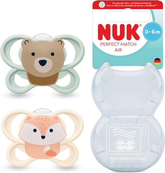 NUK Chupetas Perfect Match Air | 0-6 Meses | Chupetas Ortodônticas que Promovem a Circulação de Ar e Previnem Irritações pela Saliva | 95% de Aceitação pelos Bebês** | Urso e Raposa | 2 Unidades