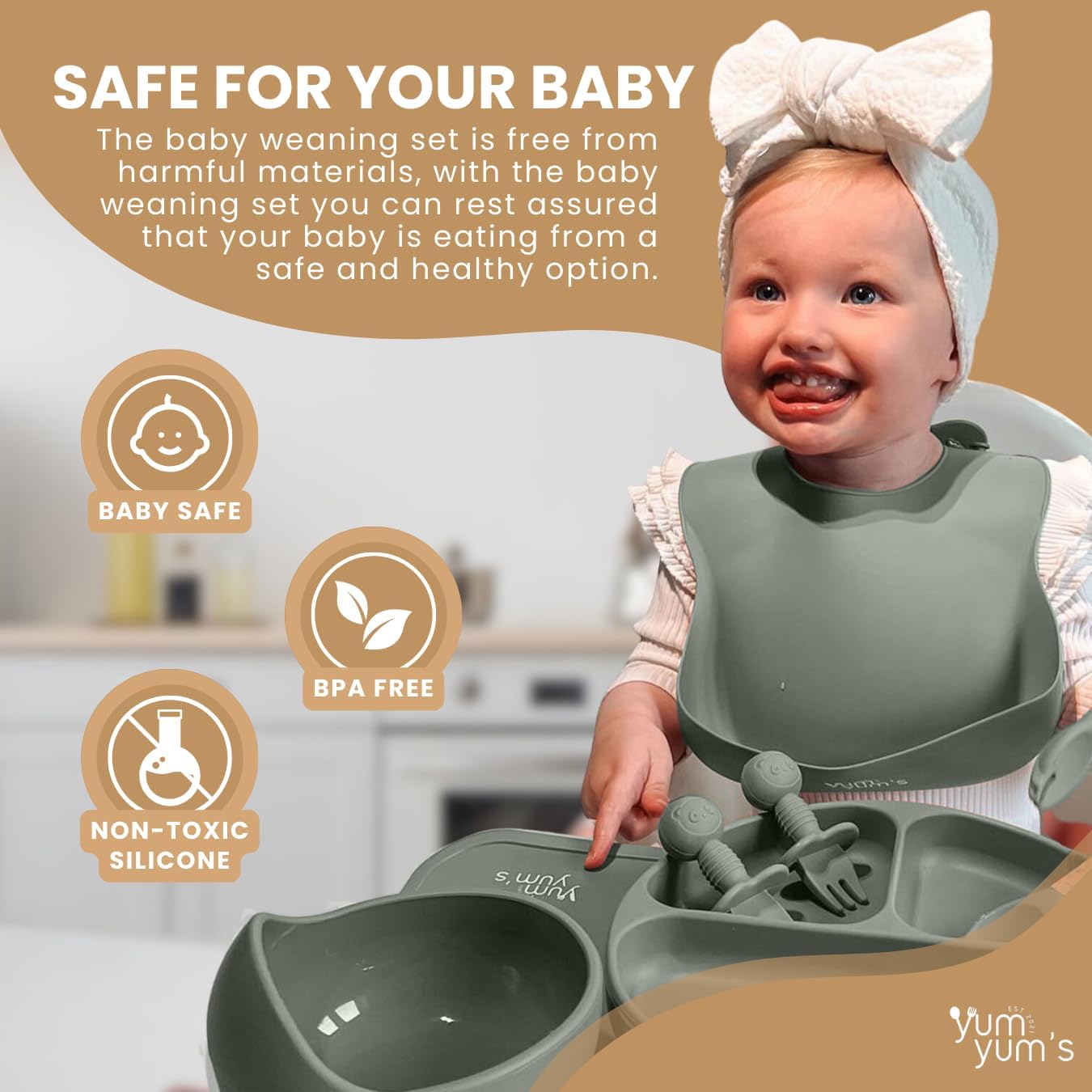 Yum Yum's Conjunto de Introdução Alimentar Baby com 10 Peças Cinza - Kit Completo para Alimentação Infantil com Prato Dividido, Tigelas com Ventosa, Talheres com Protetor Bucal, Copo com Canudo,