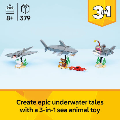 LEGO Creator 3 em 1 Tubarão Feroz com Baú do Tesouro - Figura de Animal Marinho que se Transforma em Peixe-diabo ou Arraia-manta - Ideia de Decoração para Quarto de Meninos e Meninas a partir de 8 Anos - 31381