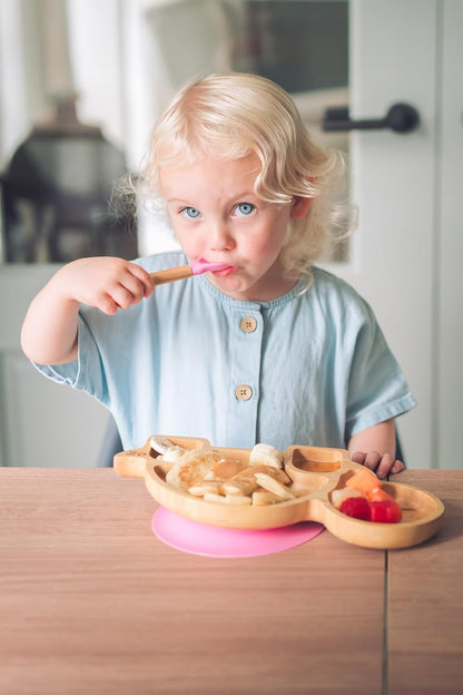 Juego de cuchara y plato de succión de bambú Moon and Moo Turtle para niños, niños pequeños y destete del bebé - No tóxico - Sin plástico - Permanece en su lugar - Plato de succión para bebé - Juego de destete para bebé (gris)