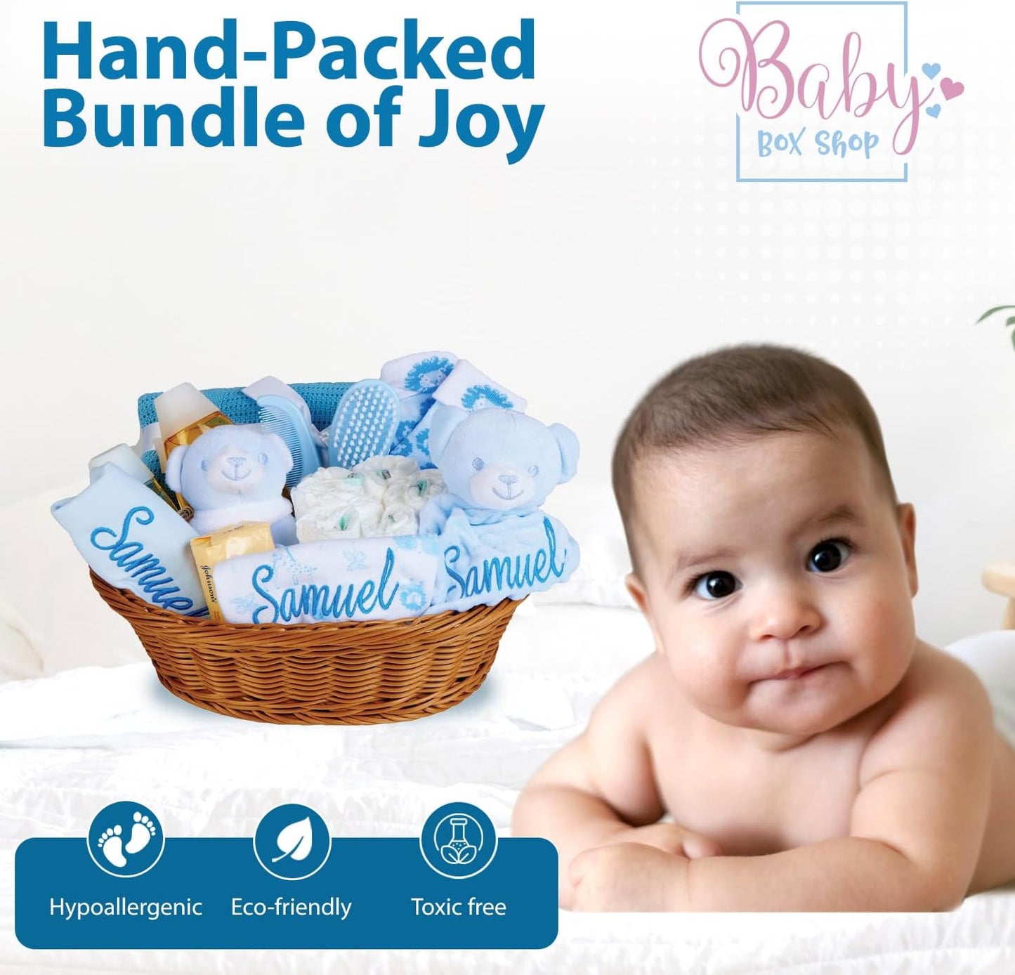 Baby Box Shop - 18 itens essenciais para recém-nascidos meninos com 3 presentes personalizados para bebês, Baby Box Shop - 18 itens essenciais para recém-nascidos meninos perfeitos para batizados - presentes para bebês meninos,
