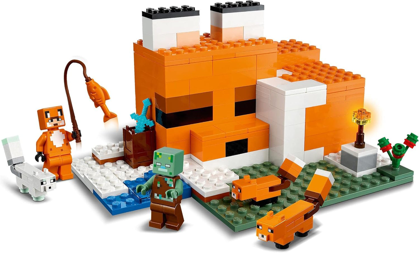 LEGO 21178 Minecraft The Fox Lodge House, brinquedos de animais, presentes de aniversário para crianças, meninos e meninas de 8 anos ou mais, com figura de zumbi afogado
