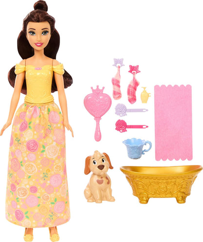 Mattel Boneca Disney Princess Bela e Cachorrinho com Manchas que Mudam de Cor | Inclui figura de cachorro para dar banho e cuidar, com banheira, escova e acessórios de cabelo; inspirado no filme da Disney (JFC42)