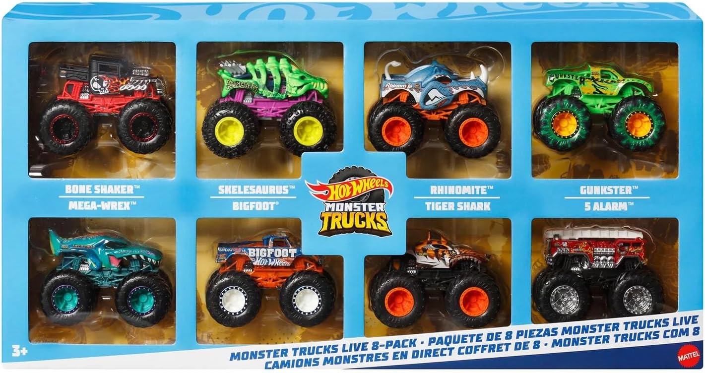 Hot Wheels Monster Trucks, conjunto de 8 caminhões de brinquedo em escala 1:64, feitos de metal fundido, apresentando personagens icônicos e favoritos dos fãs do Monster Trucks Live e da série do YouTube, JCW76.