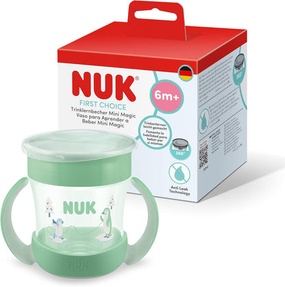 NUK Copo de Treinamento Mini Magic Cup | 6+ meses | 160 ml | Borda 360° antivazamento | Copo para crianças pequenas com alças antiderrapantes | Pinguim Verde | 1 unidade
