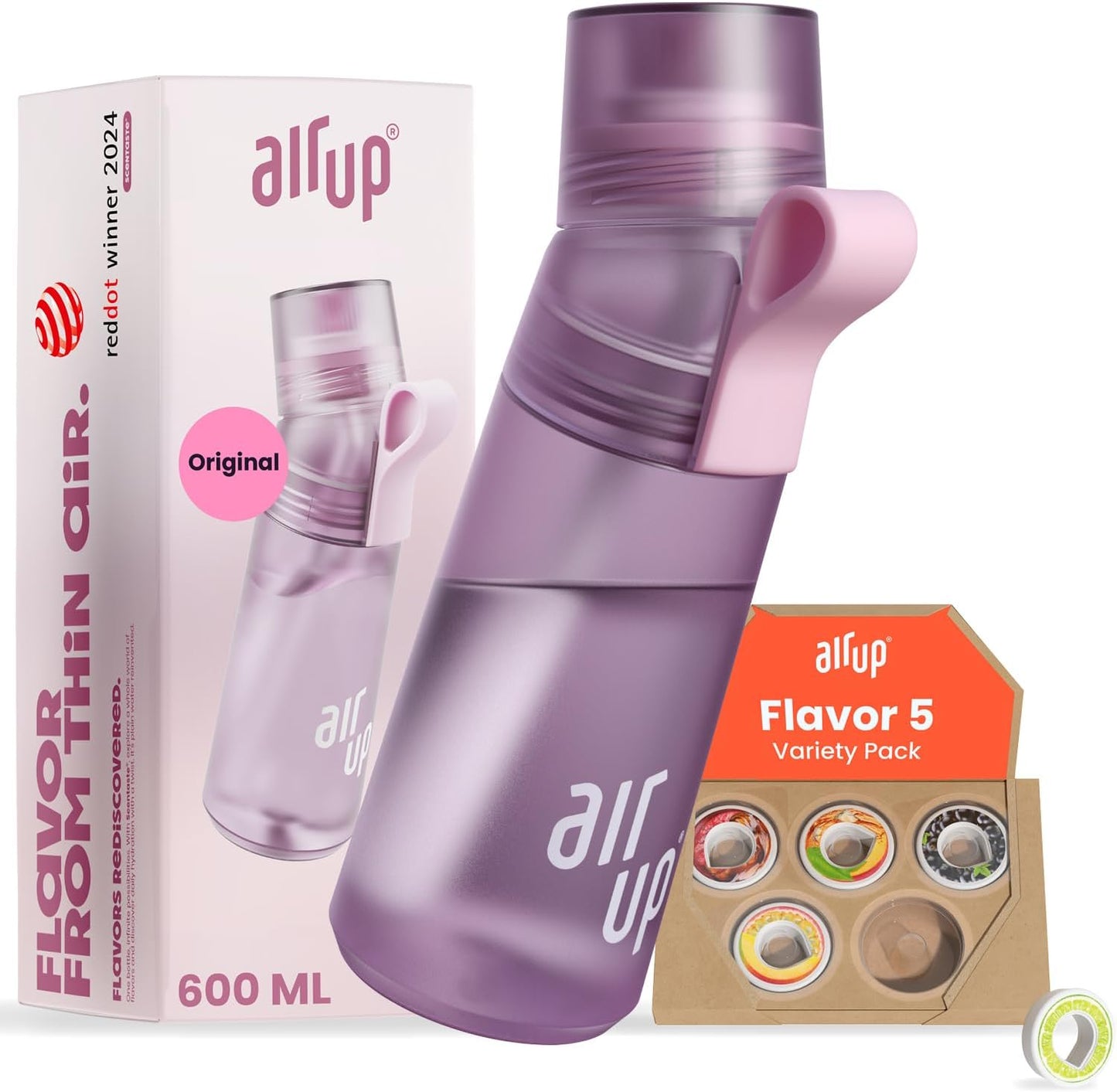 Garrafa de água AIR UP® Gen2, kit inicial original com cápsulas em 5 sabores | Garrafa de água de 600ml com sabor sem açúcar | Pode ser lavada na máquina de lavar louça, livre de BPA | Cor roxa
