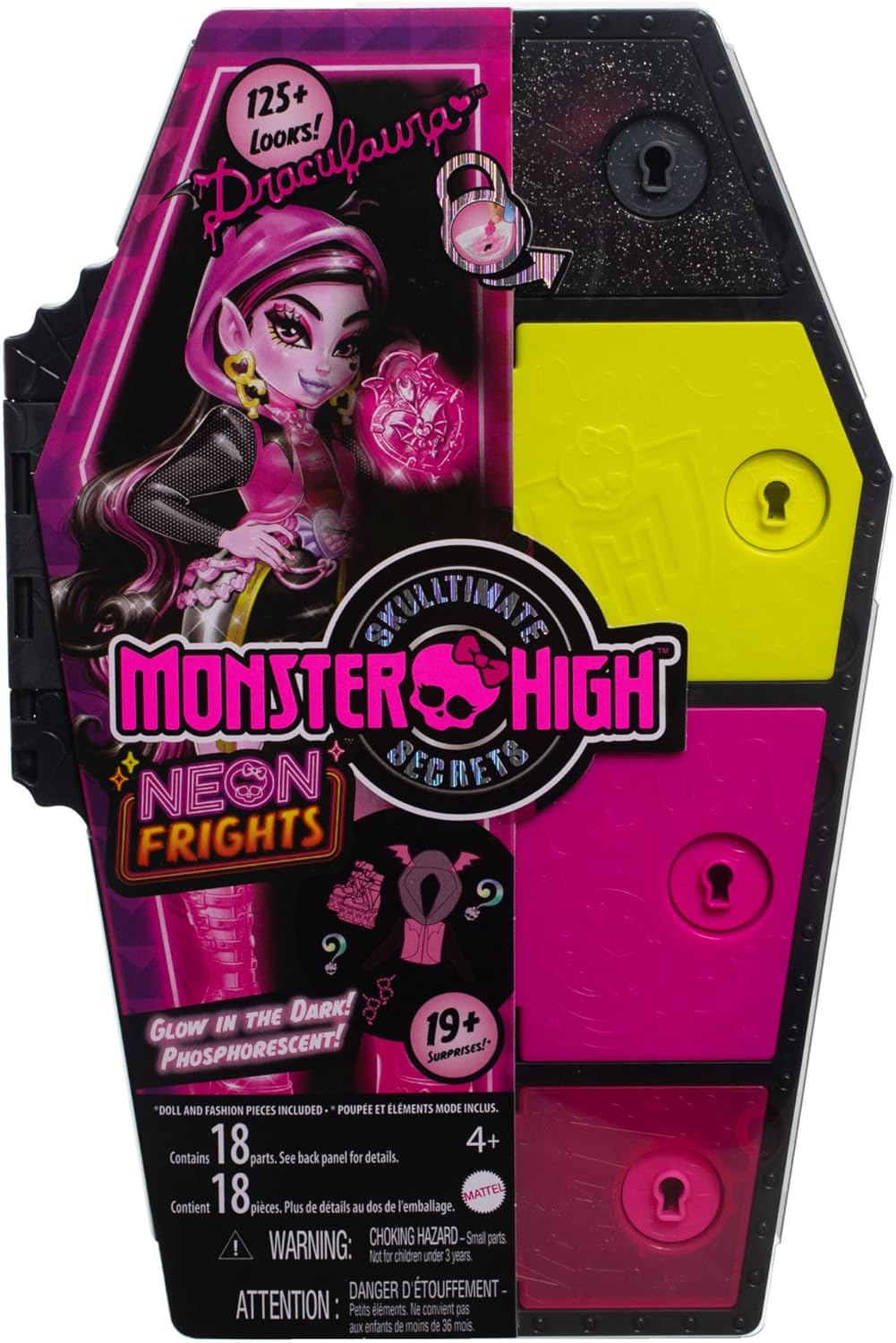 Monster High Boneca e conjunto de moda, boneca Draculaura, Skulltimate Secrets: Neon Frights, armário de vestir com mais de 19 surpresas, HNF78