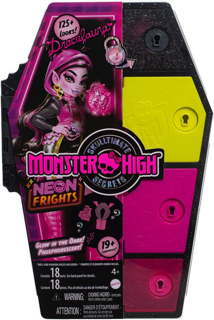 Monster High Boneca e conjunto de moda, boneca Draculaura, Skulltimate Secrets: Neon Frights, armário de vestir com mais de 19 surpresas, HNF78