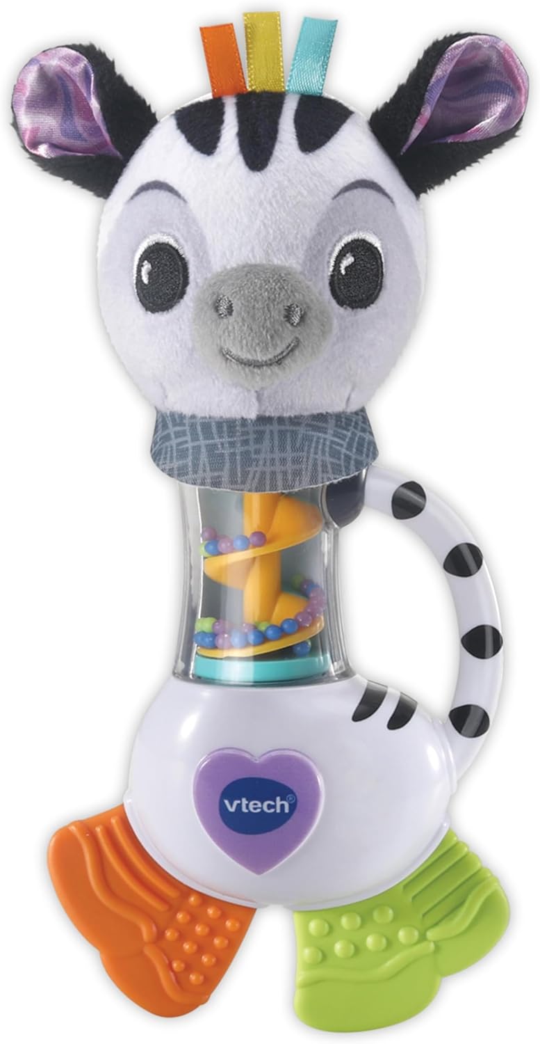 VTech Baby Shaking Sounds Zebra, Rainmaker Toy, Chocalho com cores brilhantes, padrões e texturas para brincadeiras sensoriais, presente para bebês de 3, 6, 9, 12 meses +, versão em inglês