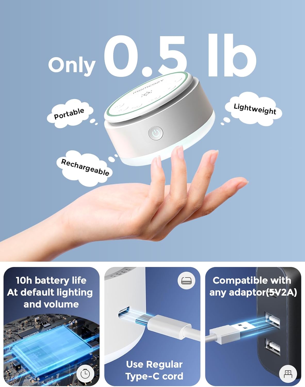 Momcozy Máquina de som para bebê, 20 sons suaves e luz de toque, máquina portátil de ruído branco com temporizador para dormir e memória, companheira de viagem ideal e item essencial para o berçário, para passeios