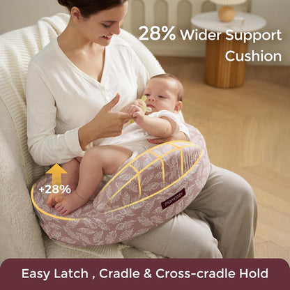 Momcozy Almofada de amamentação em espuma viscoelástica, ergonômica, com proteção lateral, amplo suporte, alça ajustável e capa de algodão removível, rosa.