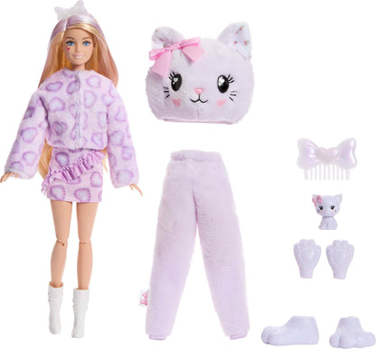 Barbie Cutie Reveal Boneca e Acessórios, Gatinha da Série Fofinha com 10 Surpresas, Incluindo Mudança de Cor e Mini Animal de Estimação, JJP64