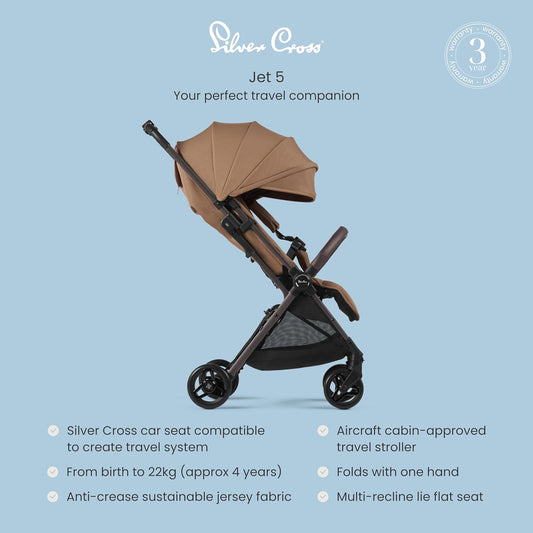 Silver Cross Jet 5 - Carrinho de bebê passeio compacto - Carrinho de viagem Recém-nascido a 4 anos - Canela