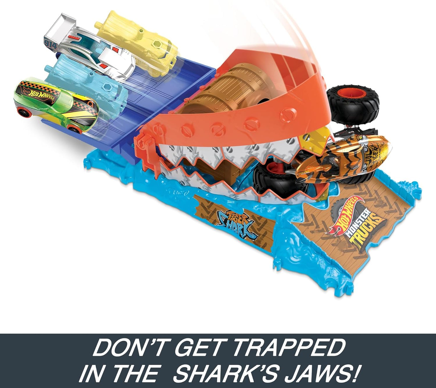 Hot Wheels  Monster Trucks Arena Smashers Treasure Chomp Challenge Playset com escala 1:64 Tiger Shark Toy Monster Truck e 1 carro esmagado,  HTP17