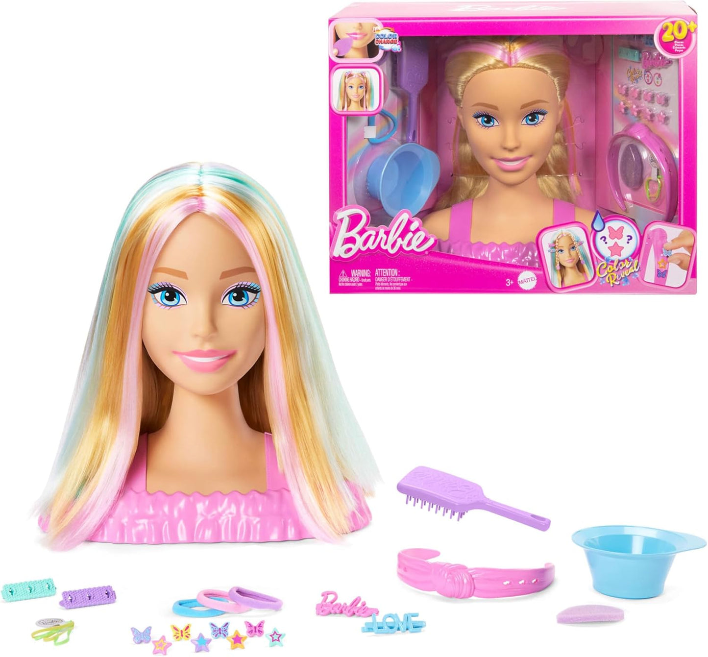 Barbie Cabeça de boneca com mais de 20 acessórios para penteados, incluindo grampos de cabelo com mudança de cor de estrela e borboleta, JFG81 Cabeça de boneca Barbie com cabelo castanho escuro, JFG82