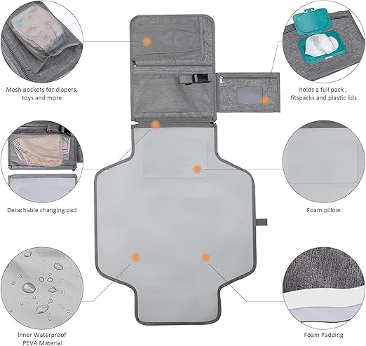 Bebamour Cambiadores de pañales portátiles con toallitas húmedas para viajes Cambiadores de bebé con almohadilla para la cabeza del bebé Cambiadores de pañales impermeables Esenciales para recién nacidos, gris