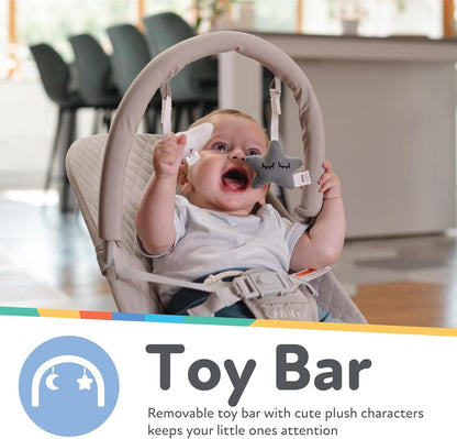 Nuby Musical Moves Baby Bouncer – 2 posições reclinadas | Música e vibração | Barra de brinquedos | Capa lavável à máquina | Adequado desde o nascimento até 9kg