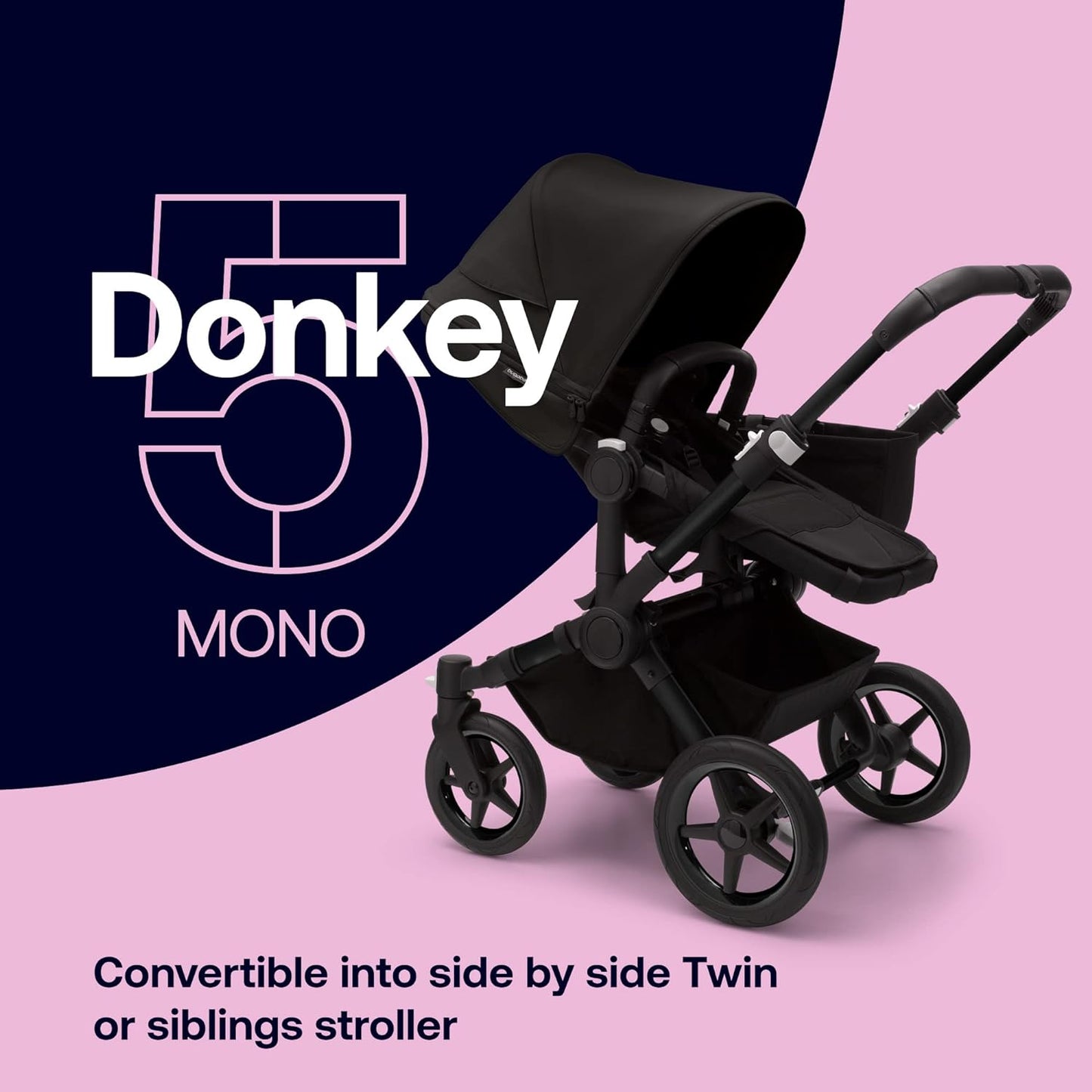 Bugaboo Donkey 5 Mono, conversível em carrinho duplo lado a lado, design aprimorado, assento reversível, direção com uma mão e cesta lateral, preto meia-noite