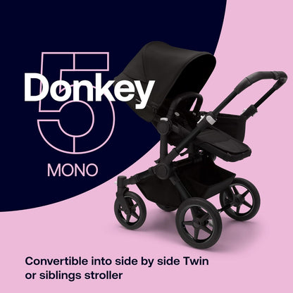 Bugaboo Donkey 5 Mono, conversível em carrinho duplo lado a lado, design aprimorado, assento reversível, direção com uma mão e cesta lateral, preto meia-noite