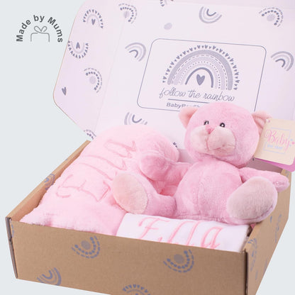 Baby Box Shop - Presentes personalizados para bebês unissex - Manta de bebê personalizada bege, azul, rosa e body de bebê personalizado com ursinho de pelúcia para bebê, ideal como presente de chá de bebê unissex e presente de batizado