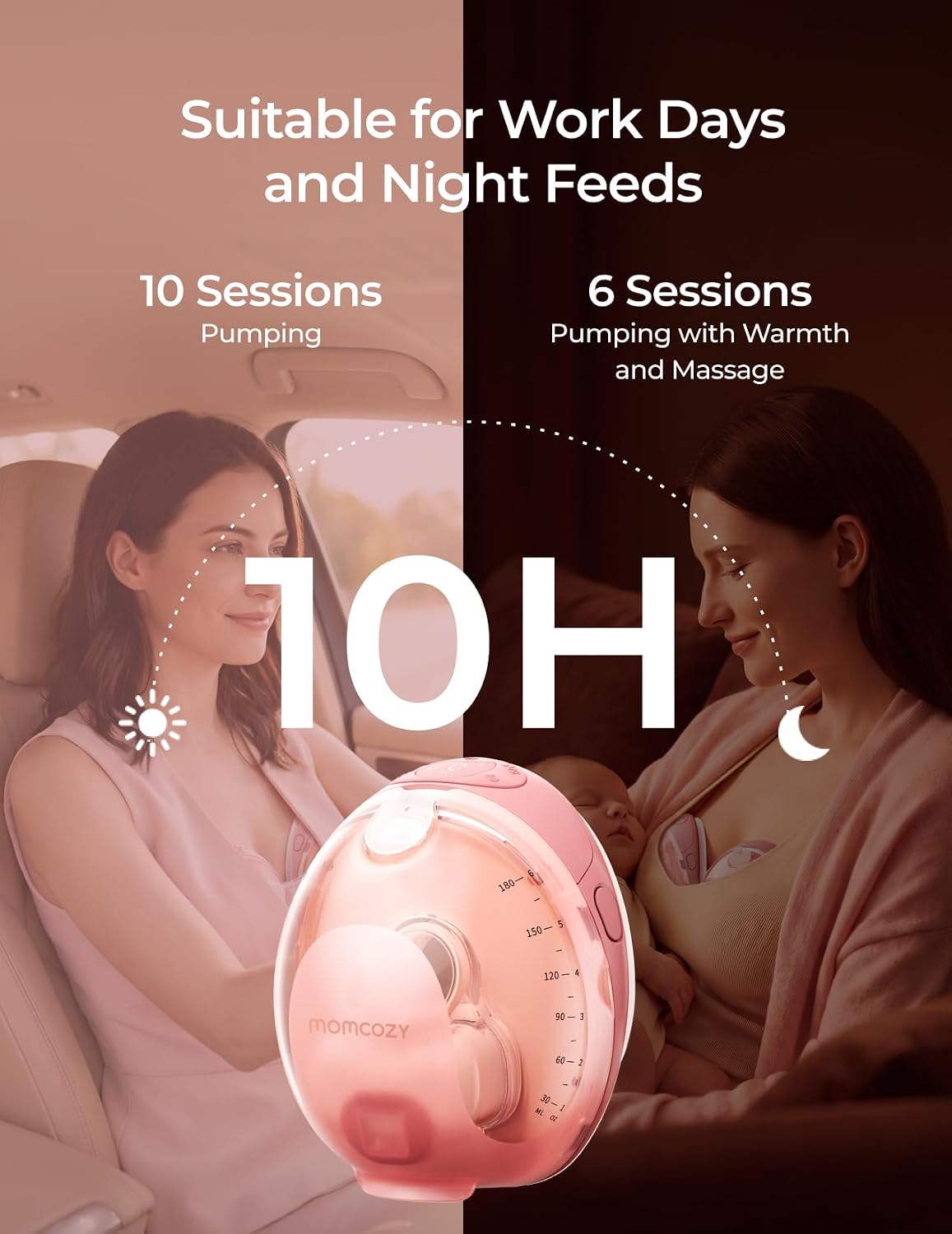 Momcozy Bomba tira-leite vestível Wellness 1, com massagem aquecida, sistema duplo "mãos livres", funil com aquecimento e simulação de massagem para uma amamentação confortável e auxílio na ejeção do leite; controlada por aplicativo,