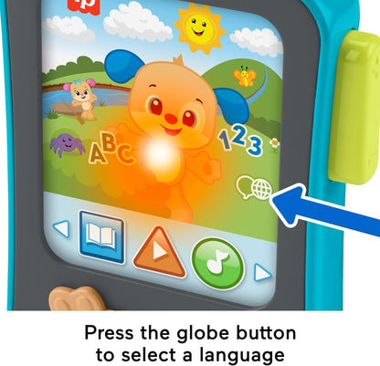 Brinquedo educativo para bebês Fisher-Price: Leitor de histórias em formato de cachorrinho com música e luzes, ideal para crianças a partir de 6 meses. Disponível em vários idiomas: inglês, francês e alemão. JFK28