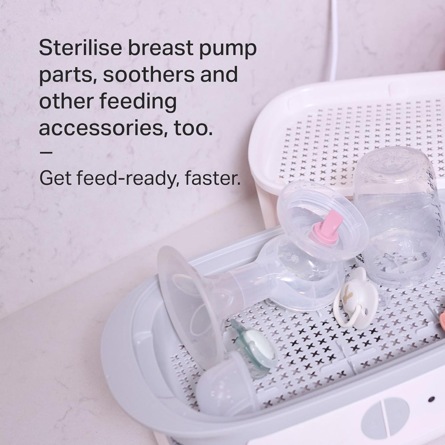 Tommee Tippee Esterilizador a vapor elétrico Supersteam para mamadeiras, elimina vírus e 99,9% das bactérias, ciclo de esterilização de 5 minutos, branco.