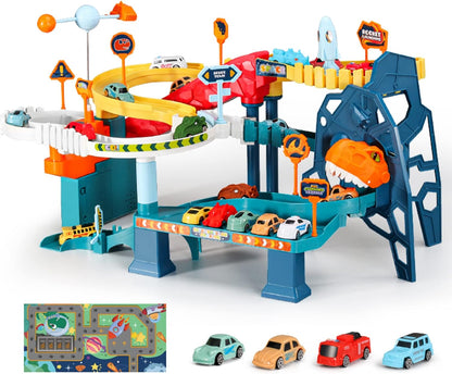 RedCrab Conjunto de Brinquedo Infantil com Carrinhos Espaciais, Rampa, Pista Sinuosa, Colina dos Dinossauros, Luzes e Música, 4 Mini Carros e Mapa para Meninos e Meninas a partir de 3 Anos