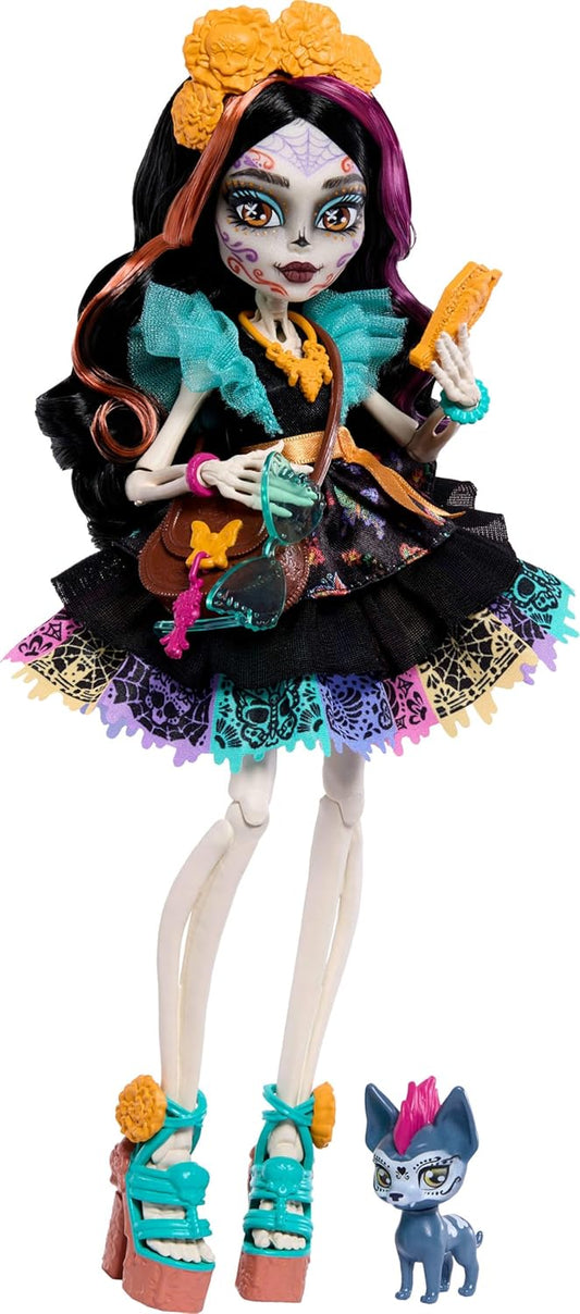 Monster High,Boneca Skelita Calaveras, com vestido colorido de papel picado, acompanhada de sua cachorrinha Candelita e 7 acessórios como caderno de desenho, lanche e bolsa a tiracolo, JHK34