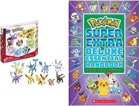 MEGA Pokémon Todos os brinquedos de construção Eevee Evolution, Vaporeon, para maiores de 6 anos - e Super Extra Deluxe Essential Handbook (Pokémon): ESTATÍSTICAS e fatos essenciais sobre mais de 900 personagens