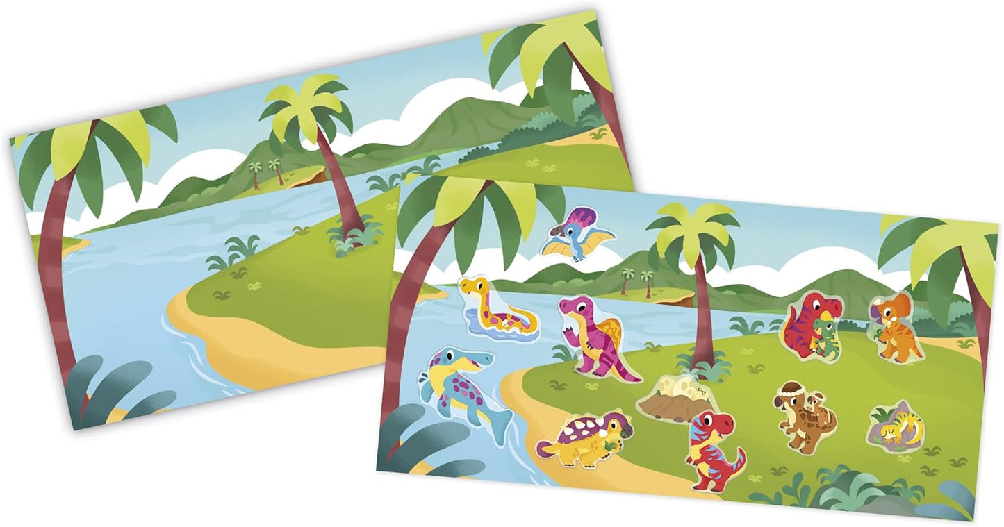 Janod - 30 adesivos grossos infinitamente reposicionáveis - Tema de dinossauros - 2 decorações e 2 quadros de adesivos - Rede à base de água - Kit de lazer criativo para crianças - Treinamento de habilidades motoras - 2 anos +