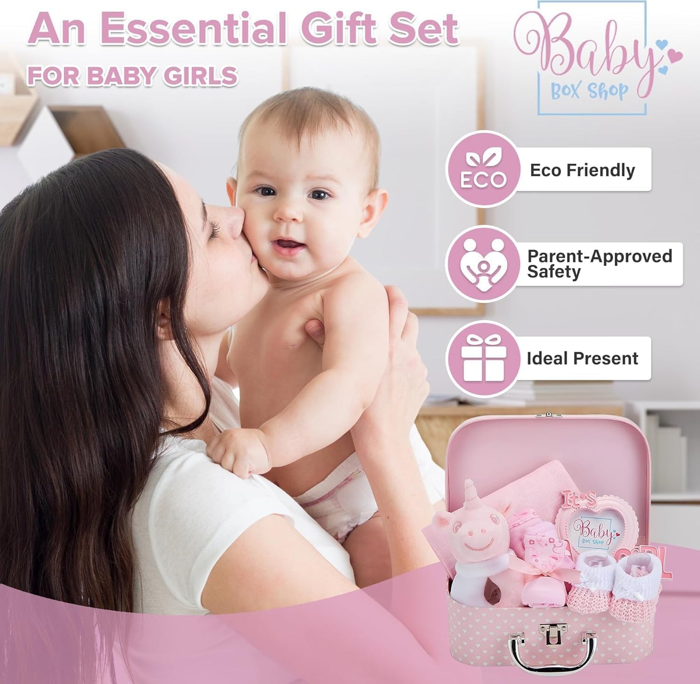 Baby Box Shop - Conjunto de presente para recém-nascidos - Cesta premium com chocalho para cachorro, porta-retratos, tecido de musselina, chá de bebê para recém-nascidos