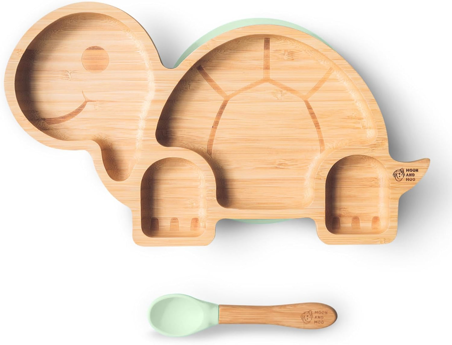 Juego de cuchara y plato de succión de bambú Moon and Moo Turtle para niños, niños pequeños y destete del bebé - No tóxico - Sin plástico - Permanece en su lugar - Plato de succión para bebé - Juego de destete para bebé (gris)