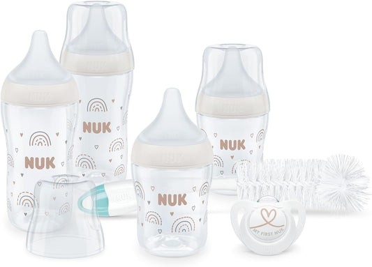 NUK  Conjunto de mamadeiras Perfect Start Perfect Match | 0-6+ meses | Adapta-se ao Paladar do Bebê | 4 x mamadeiras anti-cólicas, manequim, escova de mamadeira e muito mais | Sem BPA | 7 contagem