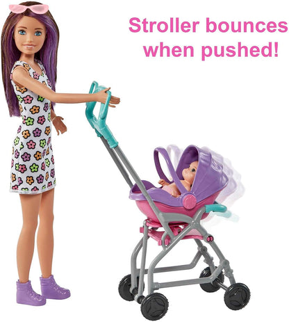 Barbie Skipper Babysitters Inc. Conjunto com boneca Skipper Babysitter (morena), carrinho, boneca e 5 acessórios, brinquedo para crianças de 3 anos ou mais, GXT34