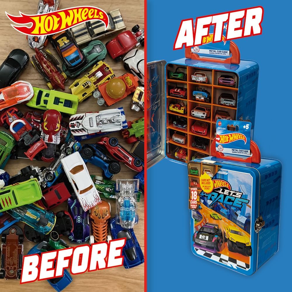 Hot Wheels Estojo de metal para carrinhos em escala 1:64 | Organizador e porta-brinquedos para 18 brinquedos | Presente ideal para colecionadores e crianças a partir de 3 anos | Tampa com design 3D de corrida Hot Wheels (Carrinhos não inclusos)