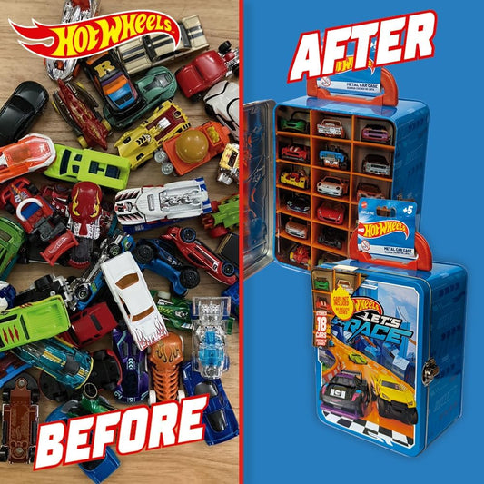 Hot Wheels Estojo de metal para carrinhos em escala 1:64 | Organizador e porta-brinquedos para 18 brinquedos | Presente ideal para colecionadores e crianças a partir de 3 anos | Tampa com design 3D de corrida Hot Wheels (Carrinhos não inclusos)