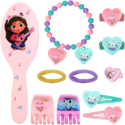 Conjunto de acessórios de cabelo infantil Gabby's Dollhouse com 11 peças, incluindo presilhas, pentes, elásticos e itens de beleza.