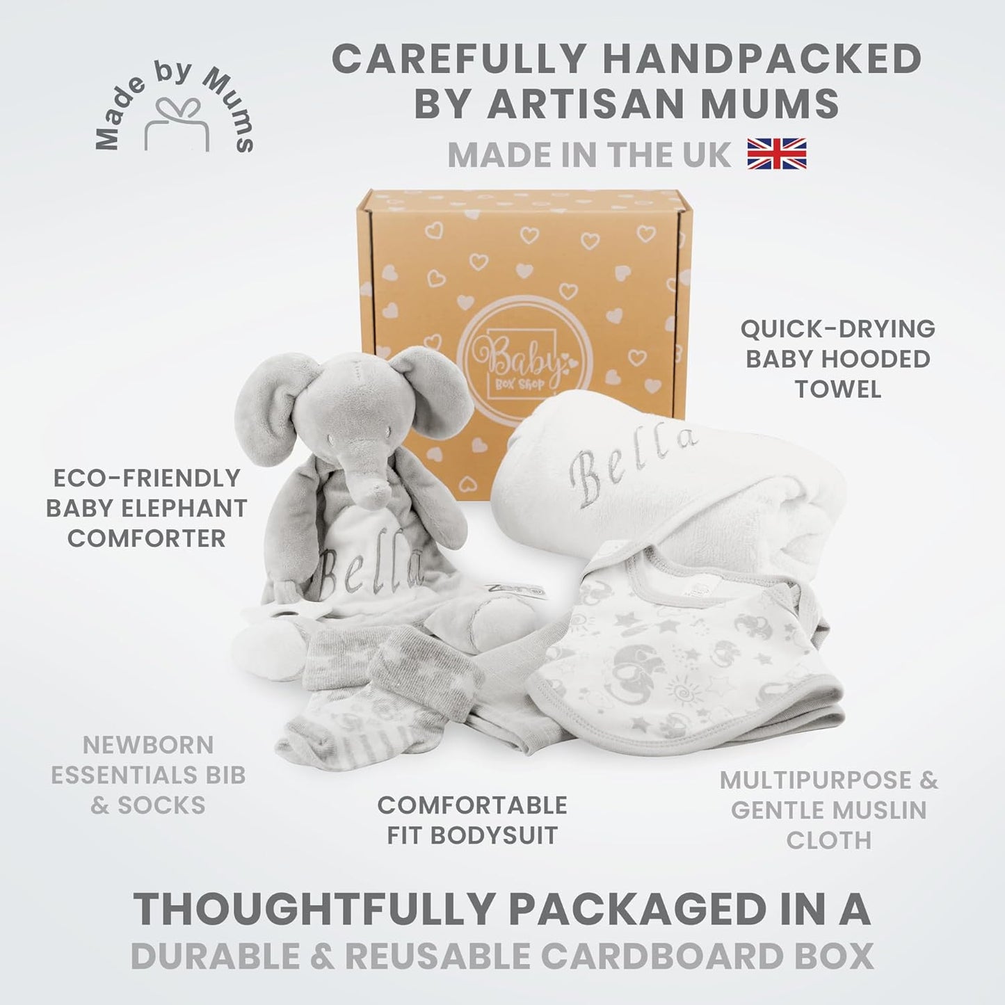 Baby Box Shop - Toalha com capuz personalizada para bebê e cobertor de urso personalizado para bebê, itens essenciais para recém-nascidos, Baby Box Shop - 6 itens essenciais para recém-nascidos unissex