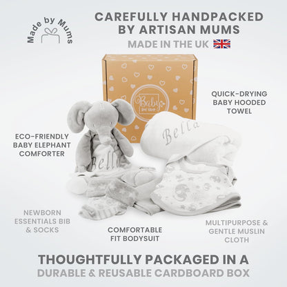 Baby Box Shop - Toalha com capuz personalizada para bebê e cobertor de urso personalizado para bebê, itens essenciais para recém-nascidos, Baby Box Shop - 6 itens essenciais para recém-nascidos unissex