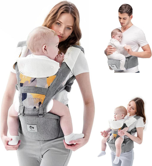 Bellababy Canguru para Bebê Multifuncional com Assento de Quadril (Posição Ergonômica em M) para Bebês de 3 a 36 Meses, 6 Formas de Carregar, Ideal para Todas as Estações, Tamanho Ajustável, Perfeito para Compras e Viagens, Cinza