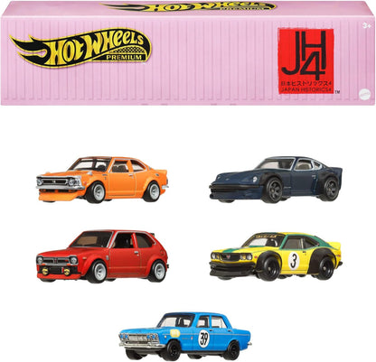 Hot Wheels Conjunto Premium Car Culture Japan Historics com 4 recipientes contendo 5 carrinhos em escala 1:64 em um recipiente colecionável e empilhável para armazenamento e exibição, HRW84