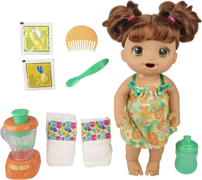 Baby Alive Magical Mixer Boneca Tropical Treat com acessórios de liquidificador, bebidas, molha, come, brinquedo de cabelo castanho para crianças a partir de 3 anos