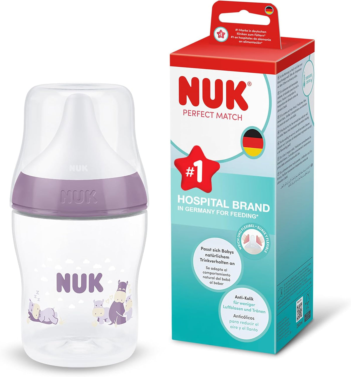 NUK Mamadeira Perfect Match | 0+ meses | 150 ml | Mamadeira Anticólica | Polipropileno (PP) | Indicador de Controle de Temperatura | Hipopótamo | 1 unidade
