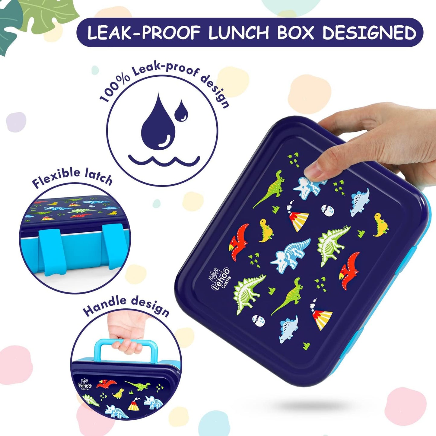 Lehoo Castle Lancheira infantil Bento, lancheira com 5 compartimentos, recipientes de almoço de 1,25L com pote de molho, colher e garfo para meninos e meninas, escola, à prova de vazamentos, sem BPA (dinossauro)