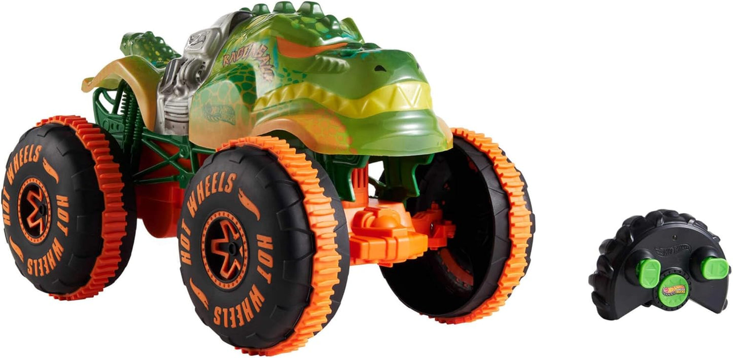 Hot Wheels Monster Trucks, veículo de brinquedo com controle remoto, escala 1:15, Rageasaur RC com pneus de alta aderência para off-road e manobras radicais.