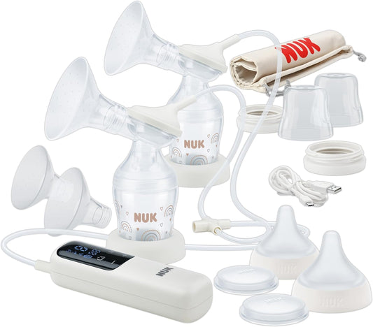 NUK Bomba tira leite elétrica dupla macia e fácil | Copos macios 100 por cento de silicone | Pequeno, leve, silencioso | Bateria recarregável para viagens | Copos de 24 mm e 27 mm | 2 x mamadeiras de combinação ideal